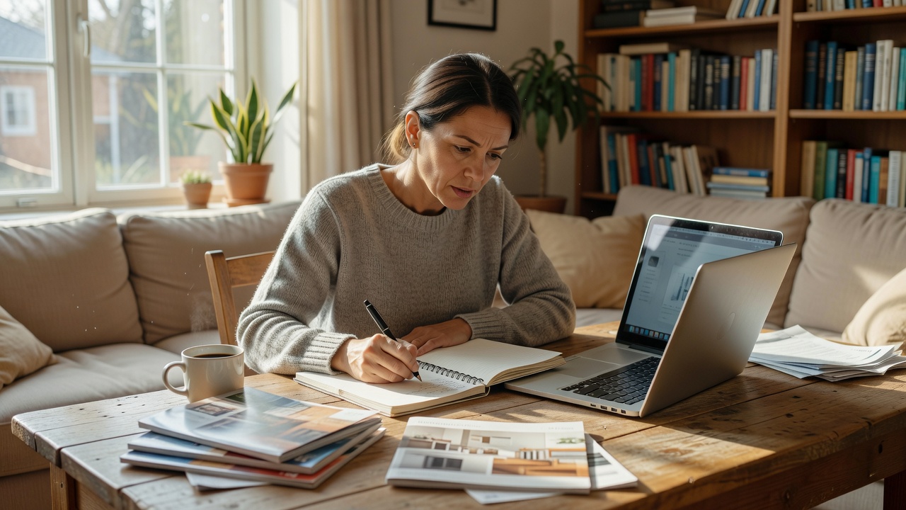 Buyer writing a practical purchase shortlist while researching on a laptop in a naturally lit home