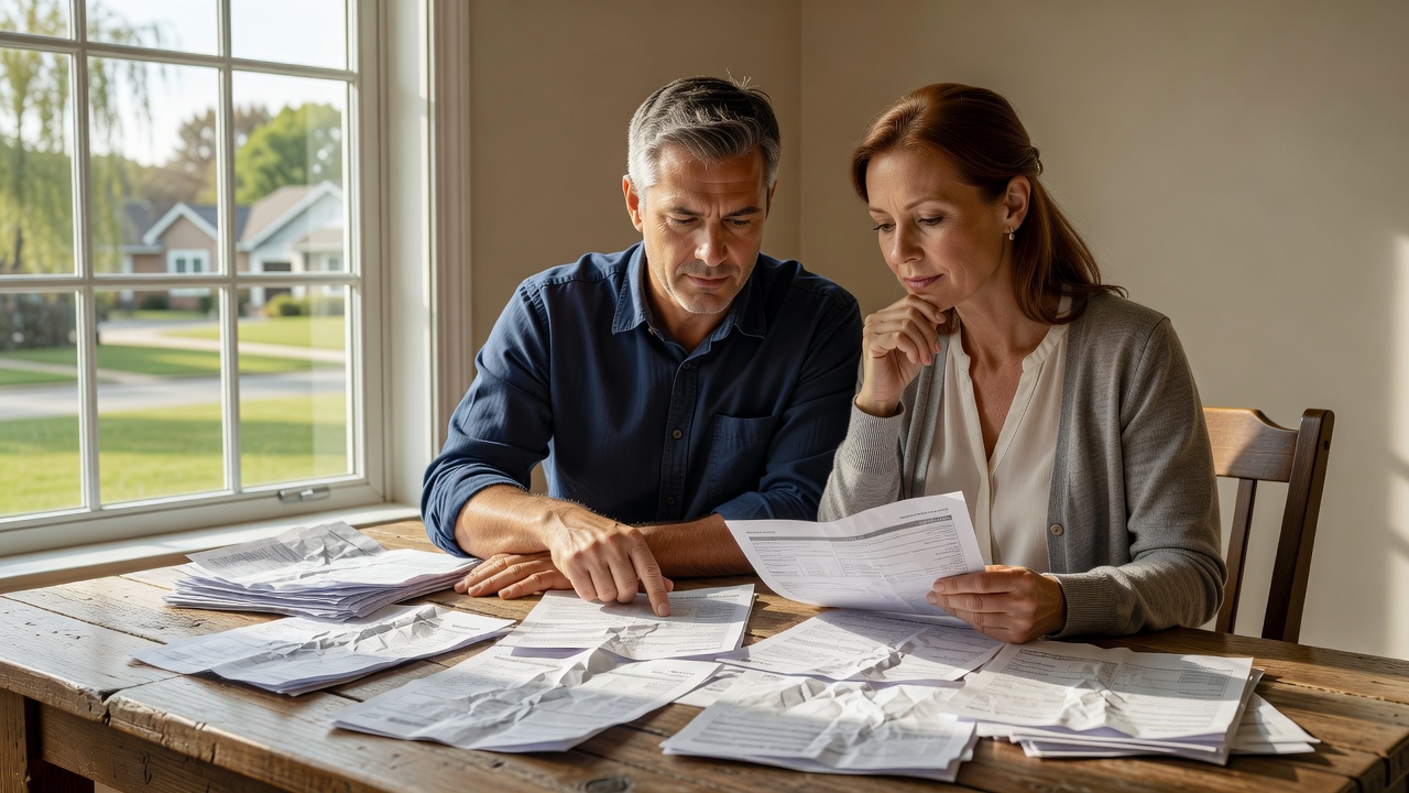 Two household members reviewing service bills and subscription details beside a window
