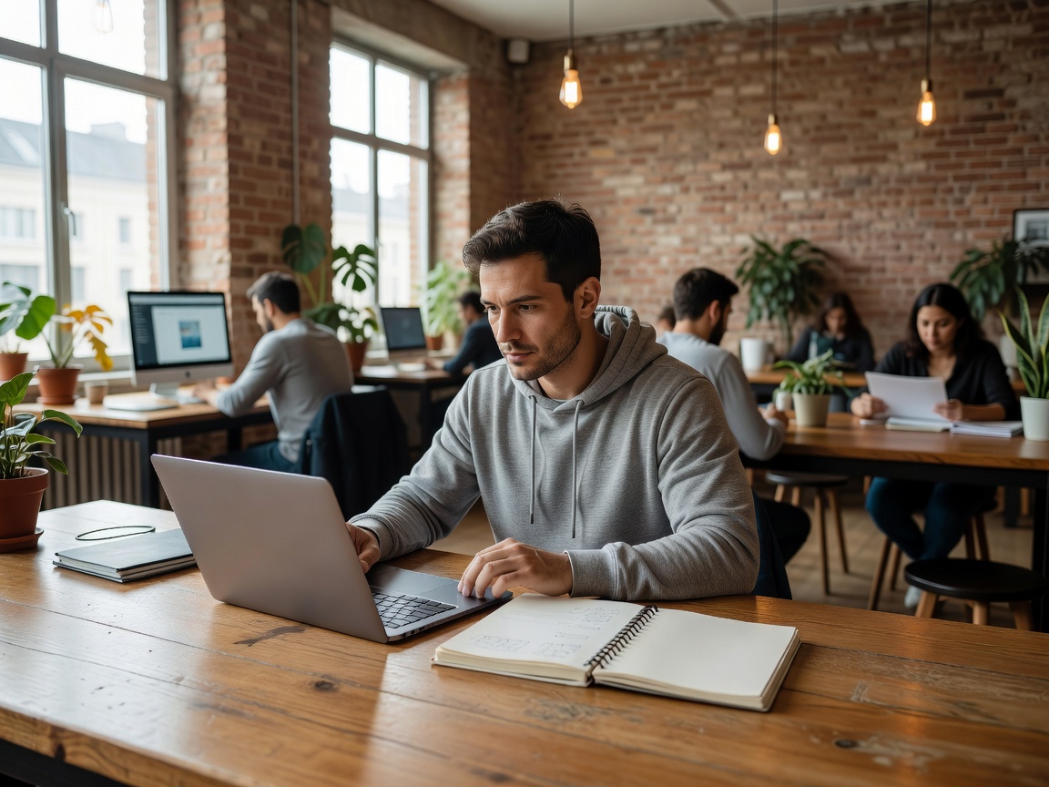 Freelancer researching online tools beside a notebook in a naturally lit shared workspace