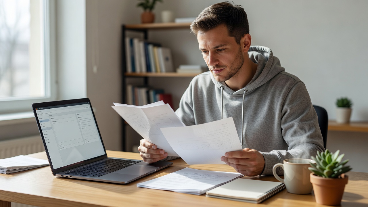 Freelancer comparing a document on a laptop with printed notes in a daylight workspace