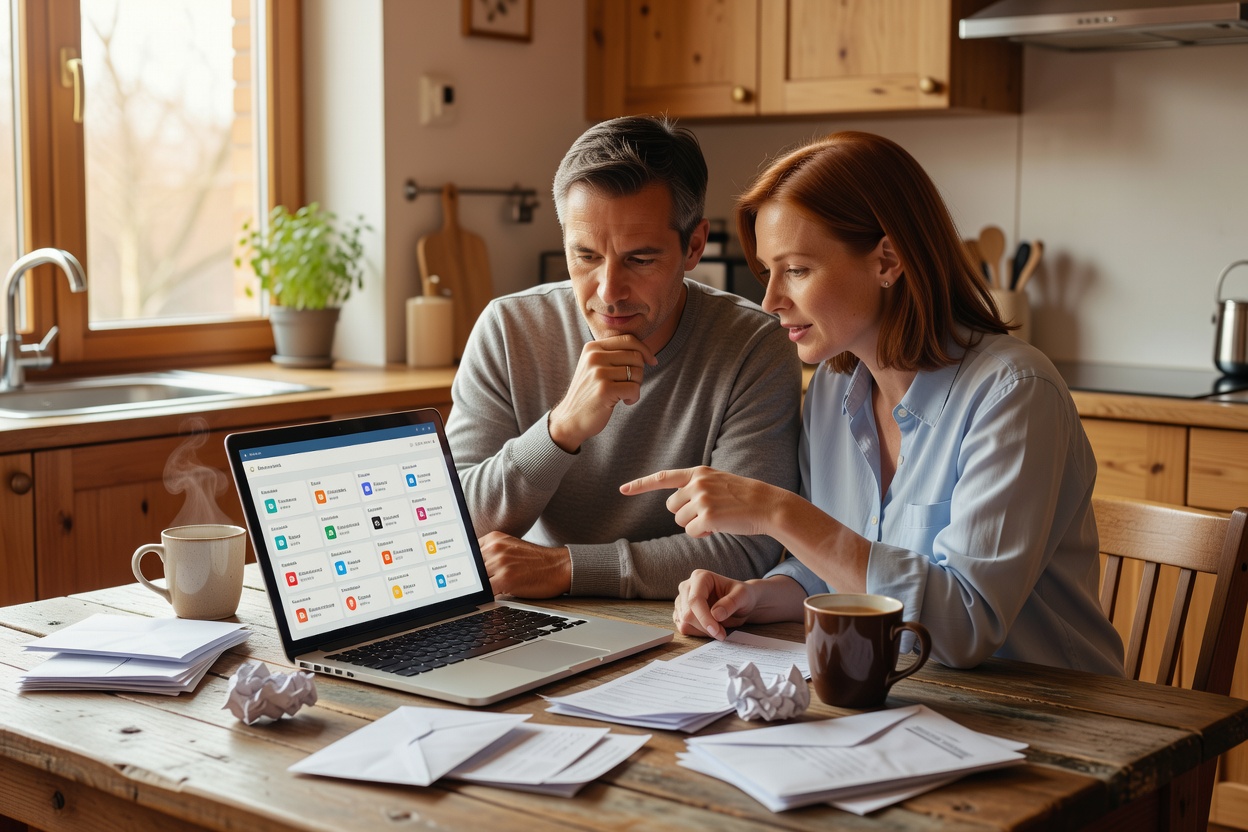 Two people comparing household subscriptions on a laptop at a sunlit kitchen table