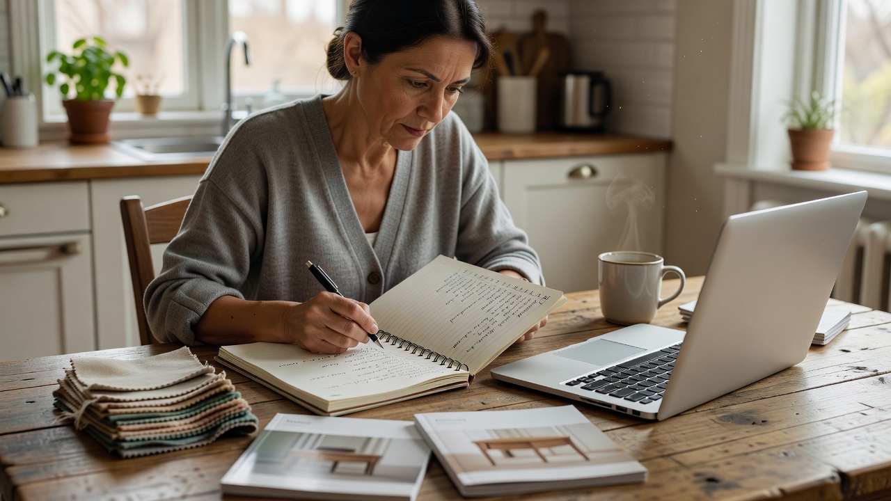 Household buyer checking a purchase shortlist in a notebook beside an open laptop