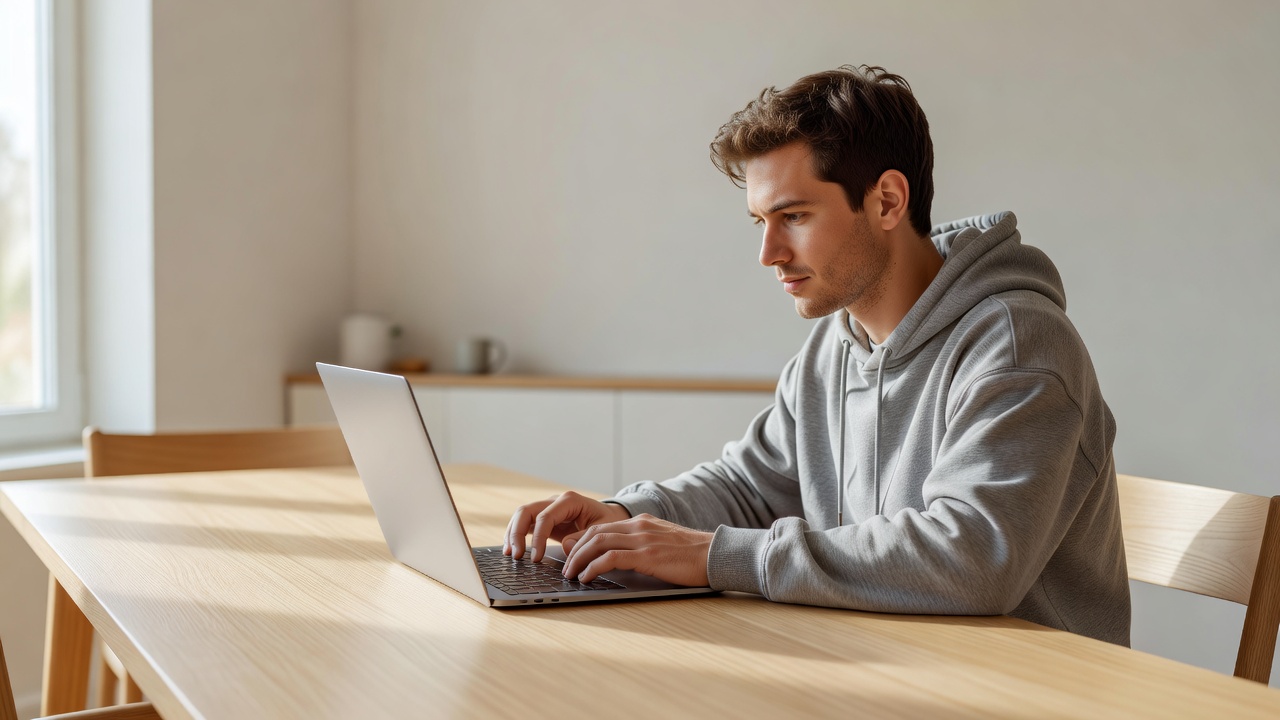 Person completing practical online tasks on a laptop at a bright dining table